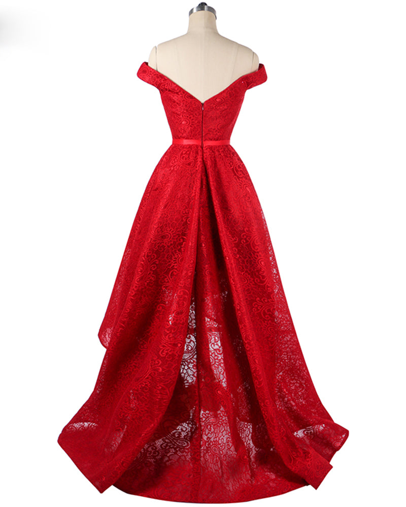 Off the Shoulder Red  Prom Dresses High Low Girls Lace Formal party Gown LP214