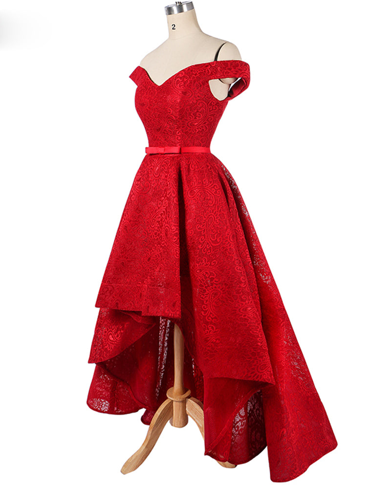 Off the Shoulder Red  Prom Dresses High Low Girls Lace Formal party Gown LP214