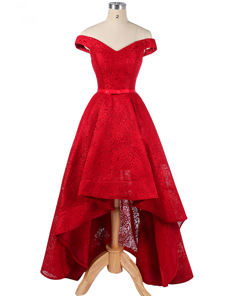 Off the Shoulder Red  Prom Dresses High Low Girls Lace Formal party Gown LP214