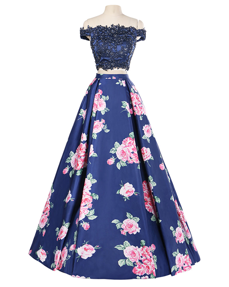 Elegant Crop Top Prom Dress Print Floral Prom Evening Dresses 2 Pieces  Long Party Gown