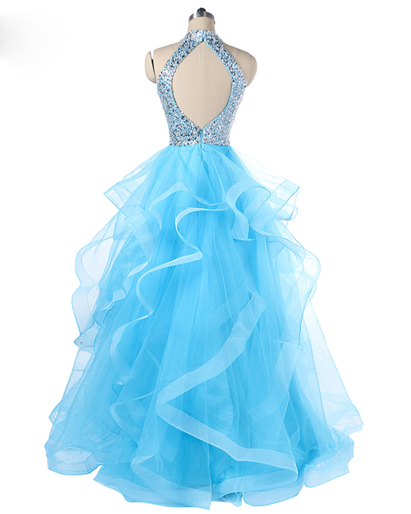 Aqua Blue Halter High Neck Princess Prom Dress Ball Gown Girls Sweet 15 anos de vestido