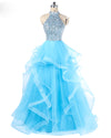 Aqua Blue Halter High Neck Princess Prom Dress Ball Gown Girls Sweet 15 anos de vestido
