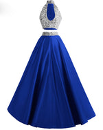 High Neck Two Pieces Halter A Line Prom Dresses Sequins Evening Long Gown