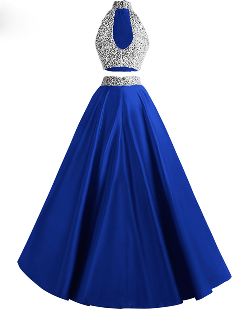 High Neck Two Pieces Halter A Line Prom Dresses Sequins Evening Long Gown