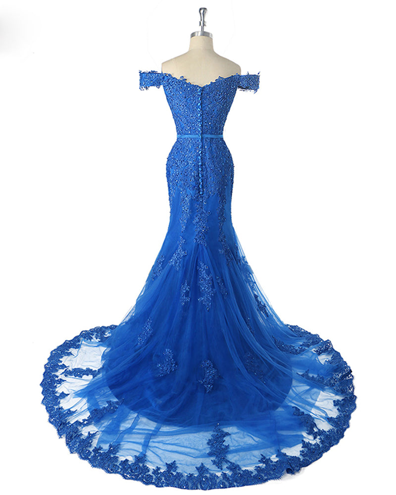 Elegant Off the Shoulder Royal Blue Lace Prom Dress fishtail Women Evening Formal Gown