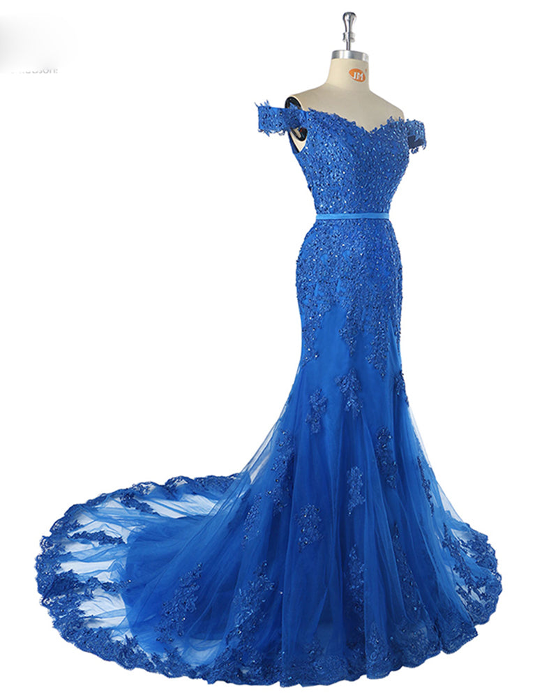 Elegant Off the Shoulder Royal Blue Lace Prom Dress fishtail Women Evening Formal Gown