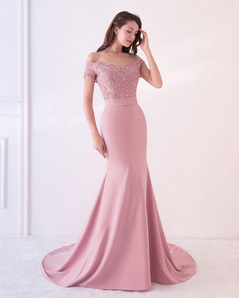 Off the Shoulder Pink Prom Dress Mermaid Long Formal Gown with Lace WL214