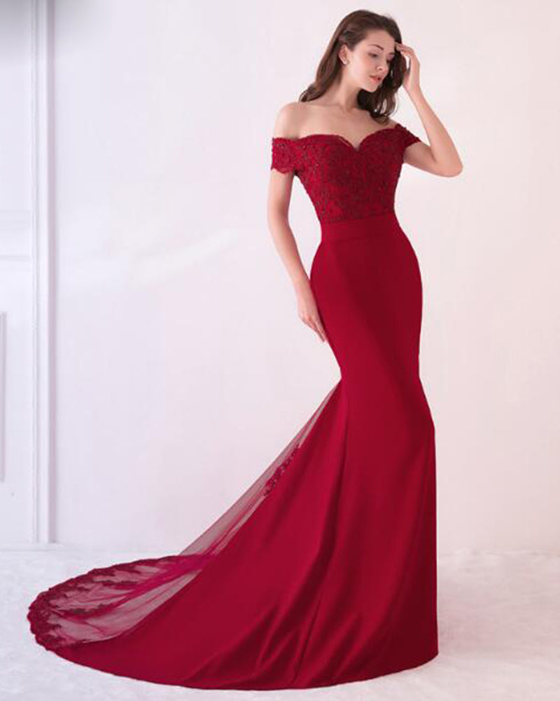 Off the Shoulder Pink Prom Dress Mermaid Long Formal Gown with Lace WL214