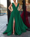 Elegant Satin V neck Long Evening Party Dresses with Slit Women Formal Prom Dress with Straps 2023 LP5510