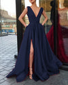 Elegant Satin V neck Long Evening Party Dresses with Slit Women Formal Prom Dress with Straps 2023 LP5510