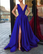 Elegant Satin V neck Long Evening Party Dresses with Slit Women Formal Prom Dress with Straps 2023 LP5510