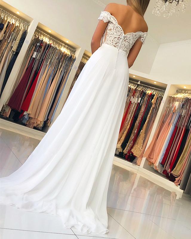 Elegant Ivory /White Lace and Chiffon Prom Party Dresses with lace Top Formal Gown