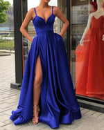 Spaghetti Straps Black Prom Gown Long Evening Party Gown with Slit Robe De Soiree