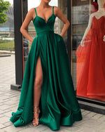 Spaghetti Straps Black Prom Gown Long Evening Party Gown with Slit Robe De Soiree