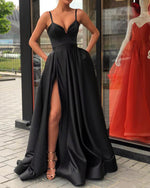 Spaghetti Straps Black Prom Gown Long Evening Party Gown with Slit Robe De Soiree