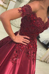 Burgundy Off the Shoulder Satin Prom Dresses with Lace Women Formal Evening Gown LP365