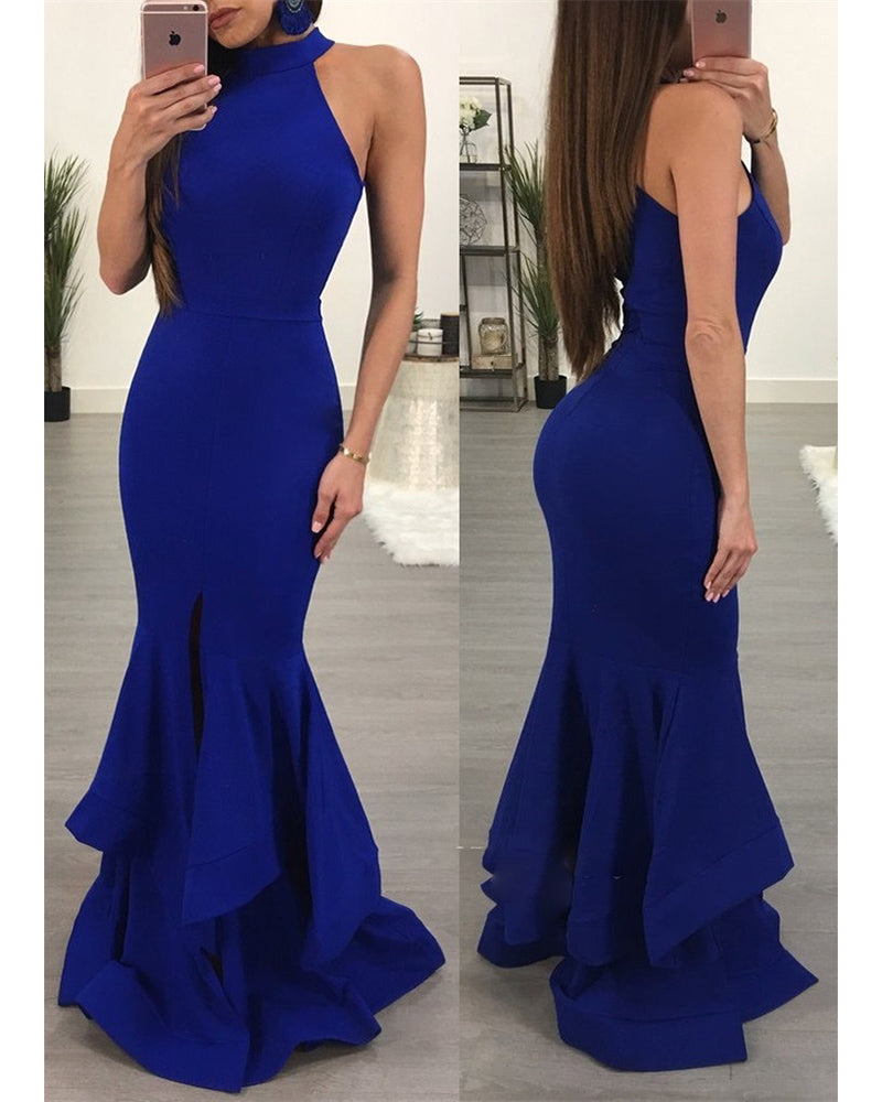 High Neck Halter Mermaid Evening Party Dresses Vestido De Festa Longo Formal Prom Gown