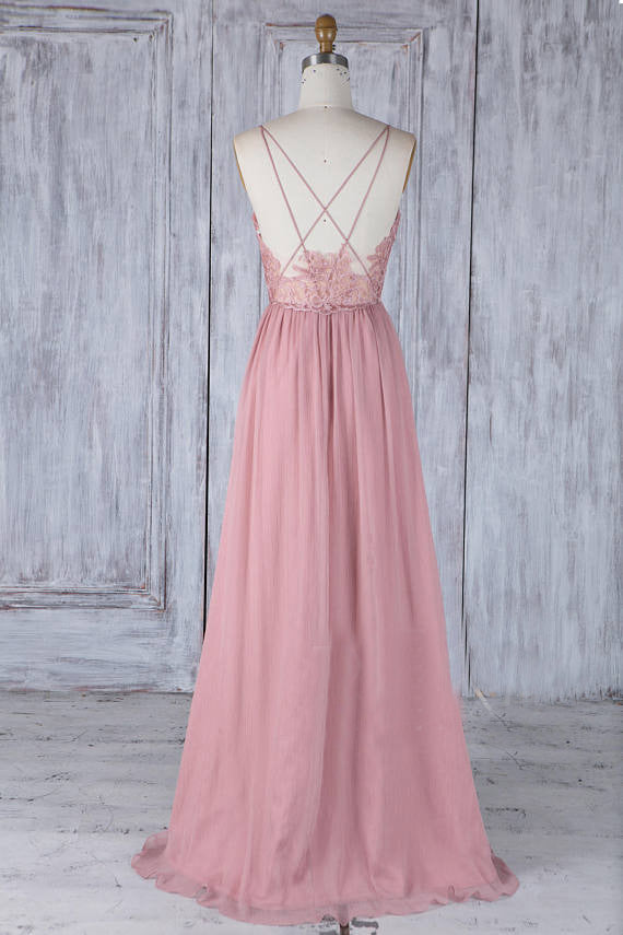Pink Bridesmaid Dresses with Spaghetti Straps with lace Long Evening Formal Dresses LP531