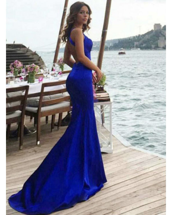 Halter Royal Blue women Fishtail  Prom Dresses Evening Long Gown LP3330
