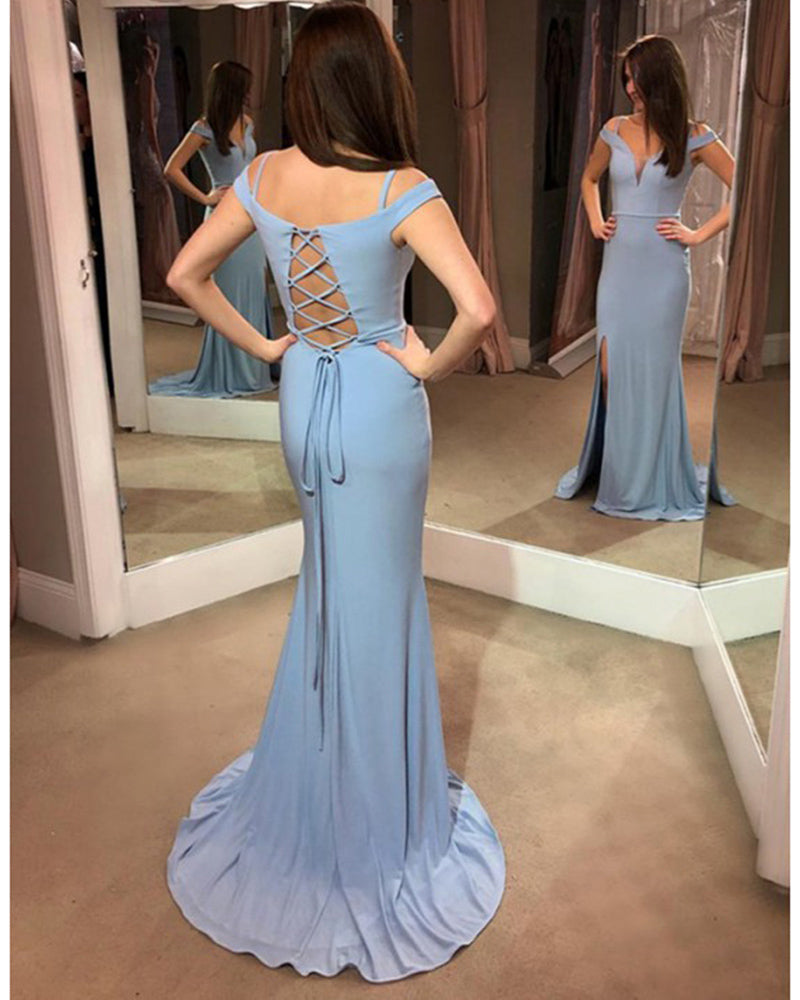 Gorgeous Light Blue Cold Shoulder Fitted Long Prom Dresses Long Evening Party Gown