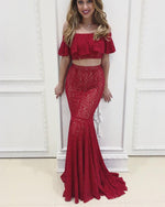 Red Lace Off the Shoulder Two Pieces Girls Prom Dress Crop Top Senior Graduation Gown WL210