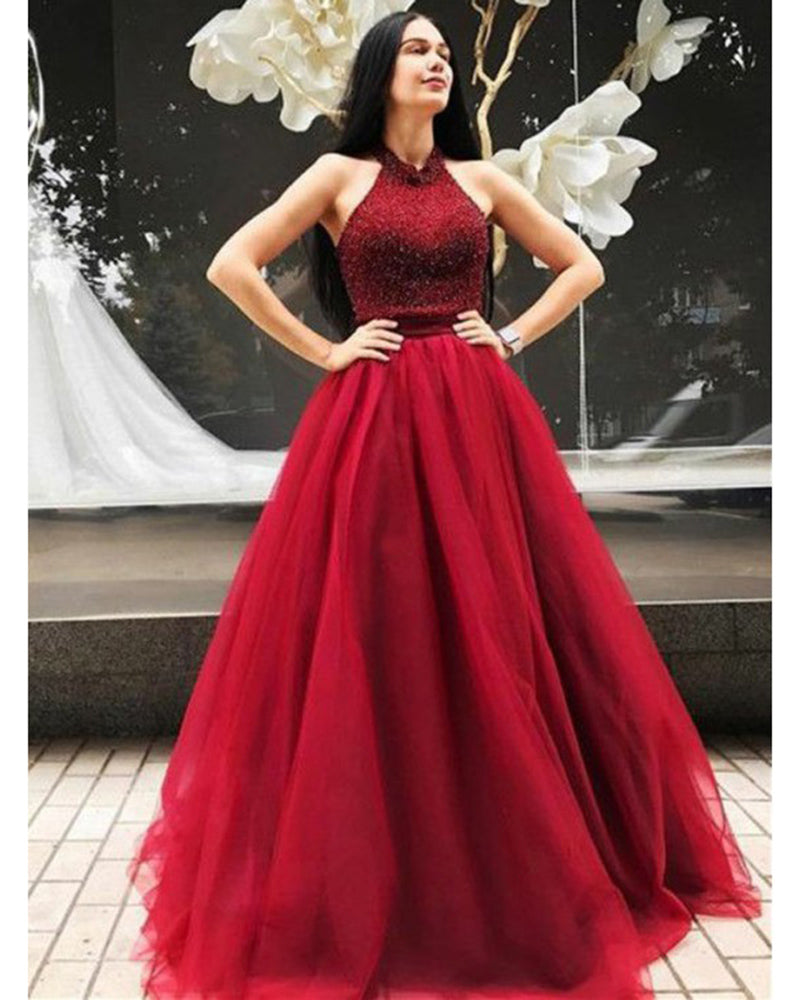 Princess Halter Prom Dresses Ball Gown Tulle Beading Formal Gown WL102 ...