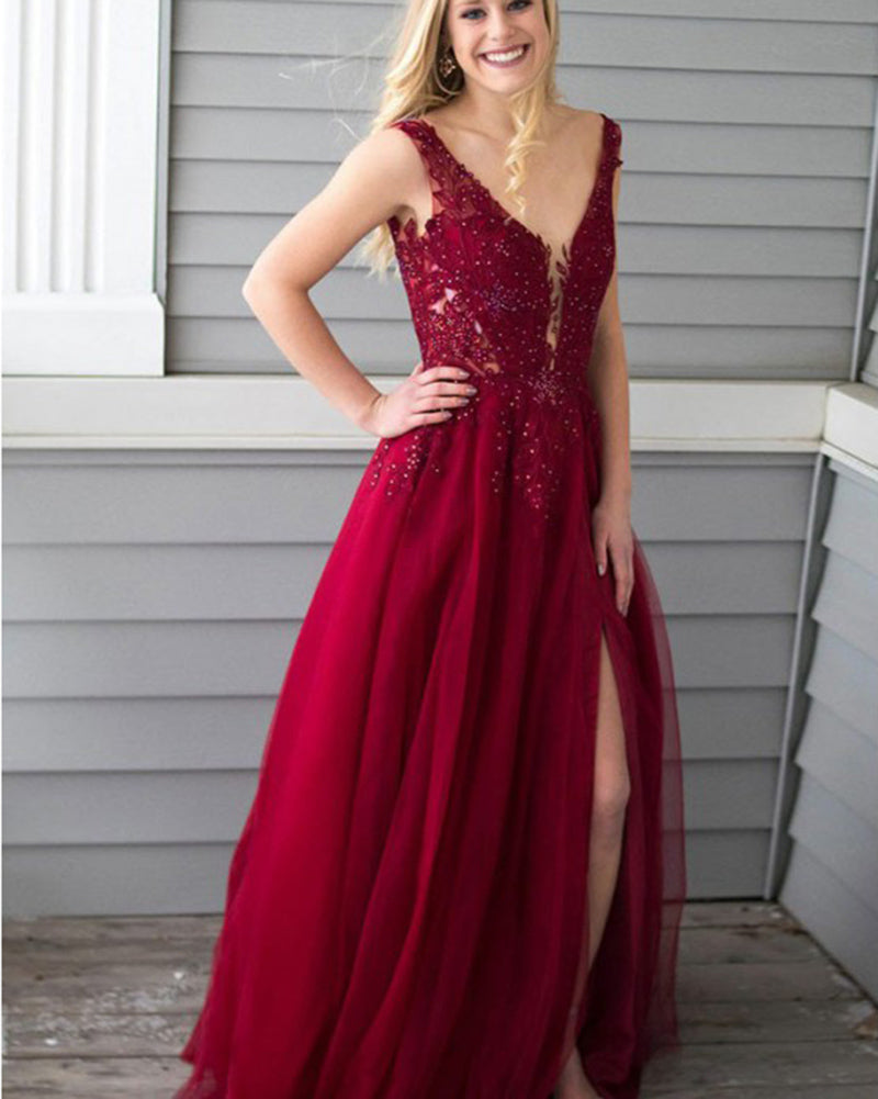 Dark Red lace Long Prom Evening Dress V neck Party Dinner Gown with Beading