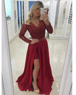 Burgundy Red Long Sleeves Lace Beaded Prom Party Dresses Girls Formal Gown