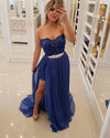 Sweetheart Champagne /royal Blue Sequins Prom Dresses High Low Party Gown Long