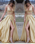Sexy Deep V Neck Yellow Crop Top Prom Dresses With Beading Sequins Two Pieces Party Dresses Long