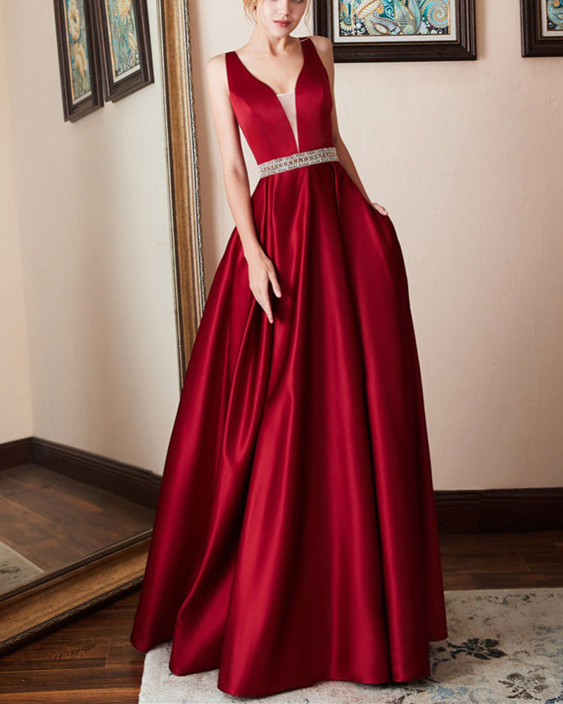 A Line Satin Wine Red Long Evening Dresses Party Prom Gown with beading Belt