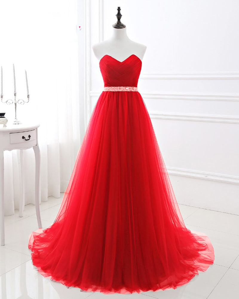 Burgundy Red Sweetheart Beading Belt Prom Gown Tulle Formal Wear WL212