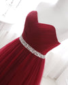 Burgundy Red Sweetheart Beading Belt Prom Gown Tulle Formal Wear WL212