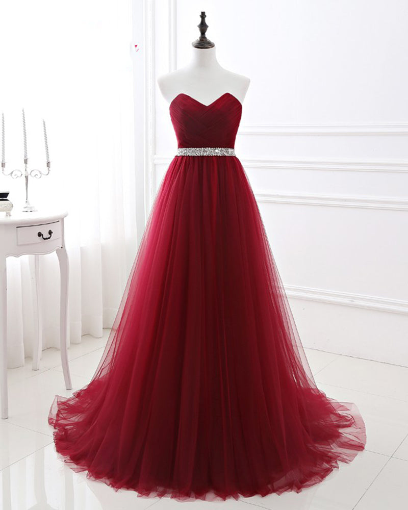 Burgundy Red Sweetheart Beading Belt Prom Gown Tulle Formal Wear WL212
