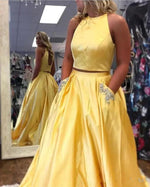 Sunshine Halter Two Pieces Yellow Prom Dress Girls Long Graduation Party Gown with Beaded Pocket