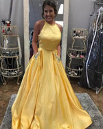 Sunshine Halter Two Pieces Yellow Prom Dress Girls Long Graduation Party Gown with Beaded Pocket