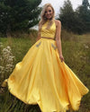 Sunshine Halter Two Pieces Yellow Prom Dress Girls Long Graduation Party Gown with Beaded Pocket