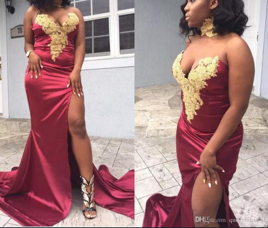 Mermaid Burgundy Prom Dress with Gold Lace Sexy Slit African Girls Eve Siaoryne Mermaid Burgundy Prom Dress with Gold Lace Sexy Slit African Girls Eve Siaoryne