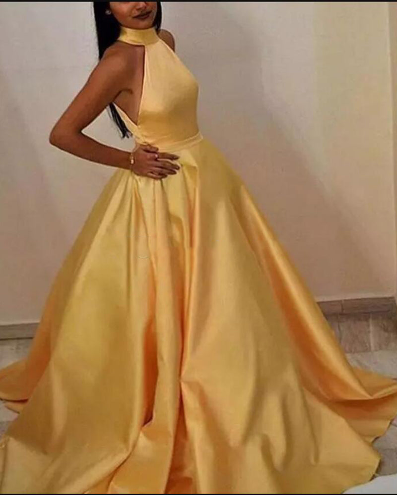 Elegant Halter A Line Satin Sunny Yellow Evening Dress Long Women Prom ...