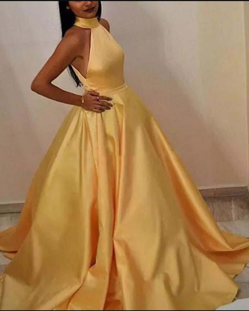 Elegant Halter A Line Satin Sunny Yellow Evening  Dress Long Women Prom Party Gown 2019