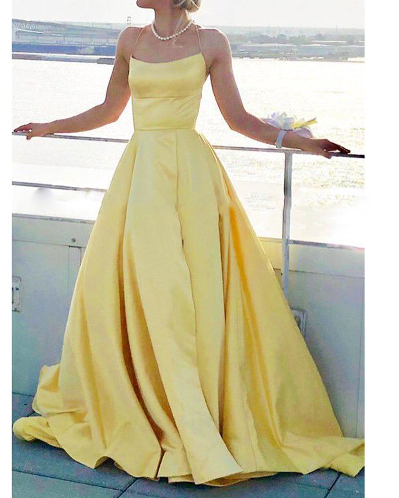Elegant Yellow Satin Prom Gown Women Long Satin Evening Formal Gown LP654