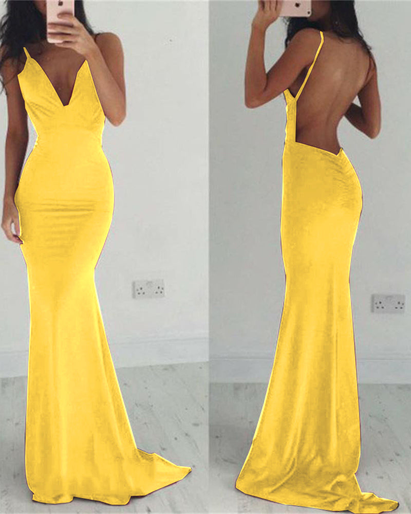 Sexy V Neck Spaghetti Straps Fitted Long Evening Party Dresses Women Formal Prom Gown