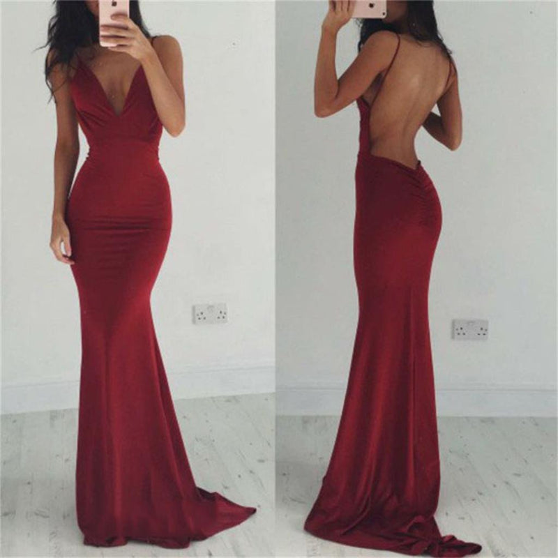 Sexy V Neck Spaghetti Straps Fitted Long Evening Party Dresses Women Formal Prom Gown