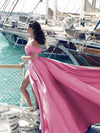 Peach Pink A Line Satin Slit Women Prom Dresses with Slit Vestido De Festa Longo