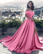 Peach Pink A Line Satin Slit Women Prom Dresses with Slit Vestido De Festa Longo