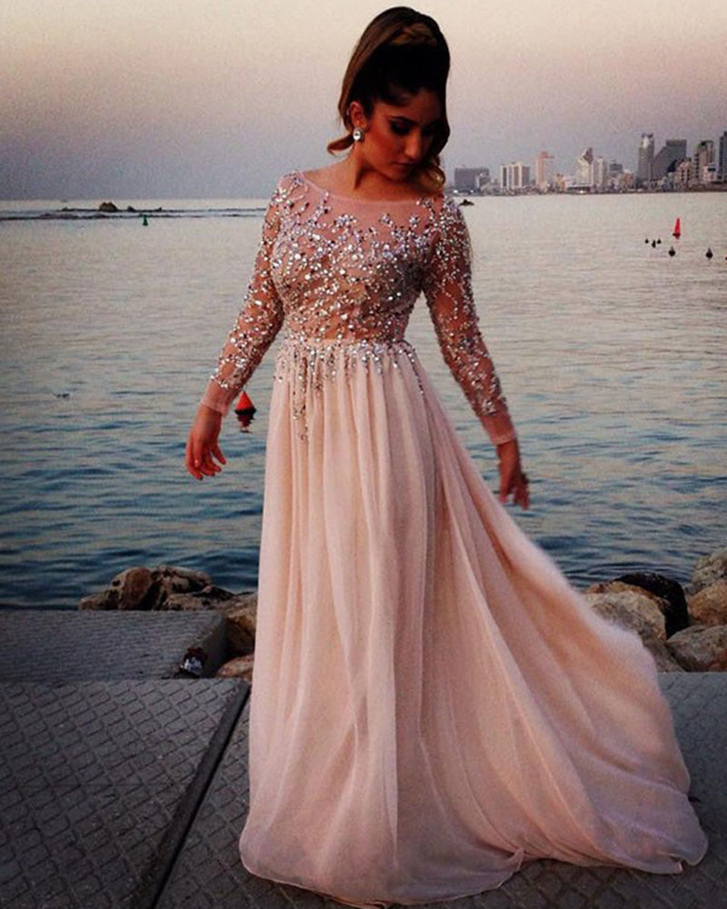 Long Sleeves Women Luxury Beading Evening Dresses Long Prom Gown Vestido De Festa