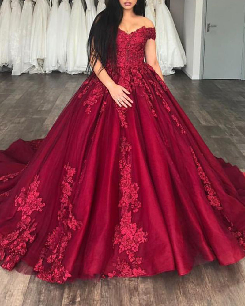 Burgundy Ball Gown Prom Dresses Reception Wedding Gown Lace Appliques off the Shoulder