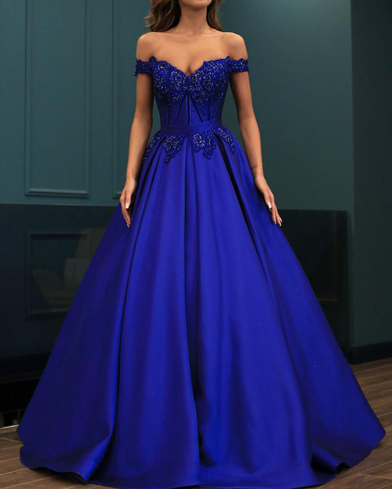 Royal Blue Satin lace Beaded Women Prom Evening Dress Engagement Formal Party Gown