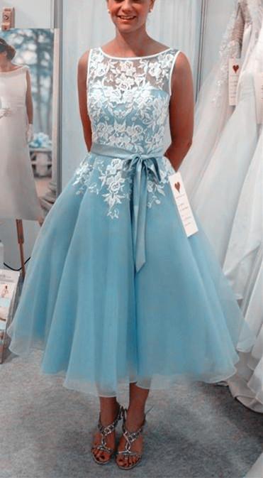 Tea Length Short Bridesmaid Dresses Blue and White Lace Women Wedding Siaoryne Tea Length Short Bridesmaid Dresses Blue and White Lace Women Wedding Siaoryne