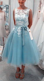 Tea Length Short Bridesmaid Dresses Blue and White Lace Women Wedding Party Gown